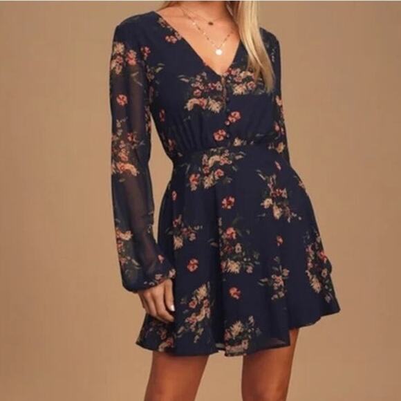LULUS Floral Print Midi Dress Long Sheer Sleeves Zip Back Size Small Navy Blue - Picture 1 of 12